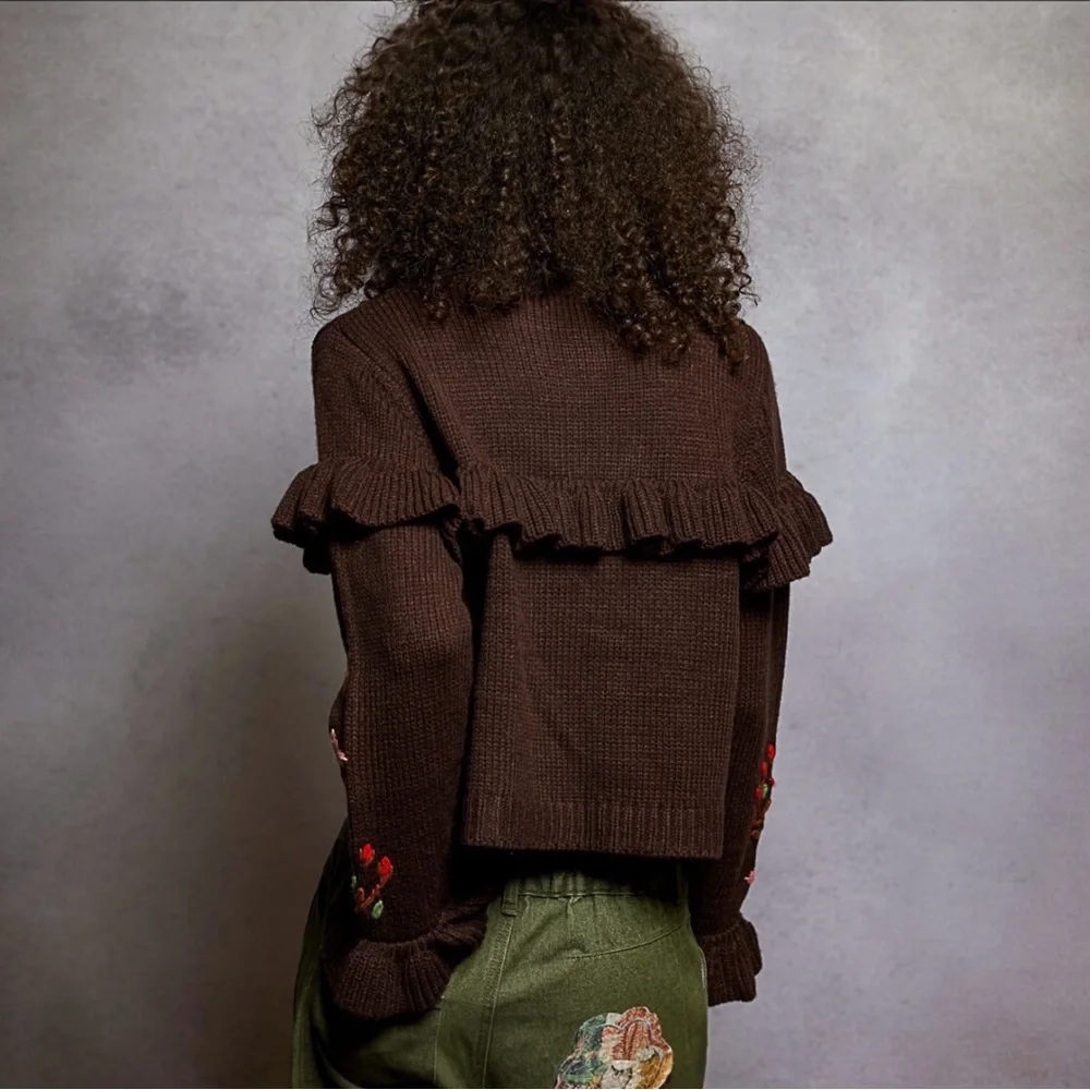 NWT POL Brown Floral Ruffle Sweater